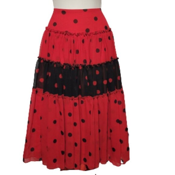 Red and Black Polka Dot Pleated Tiered Custom Made Skirt - Picture 1 of 11